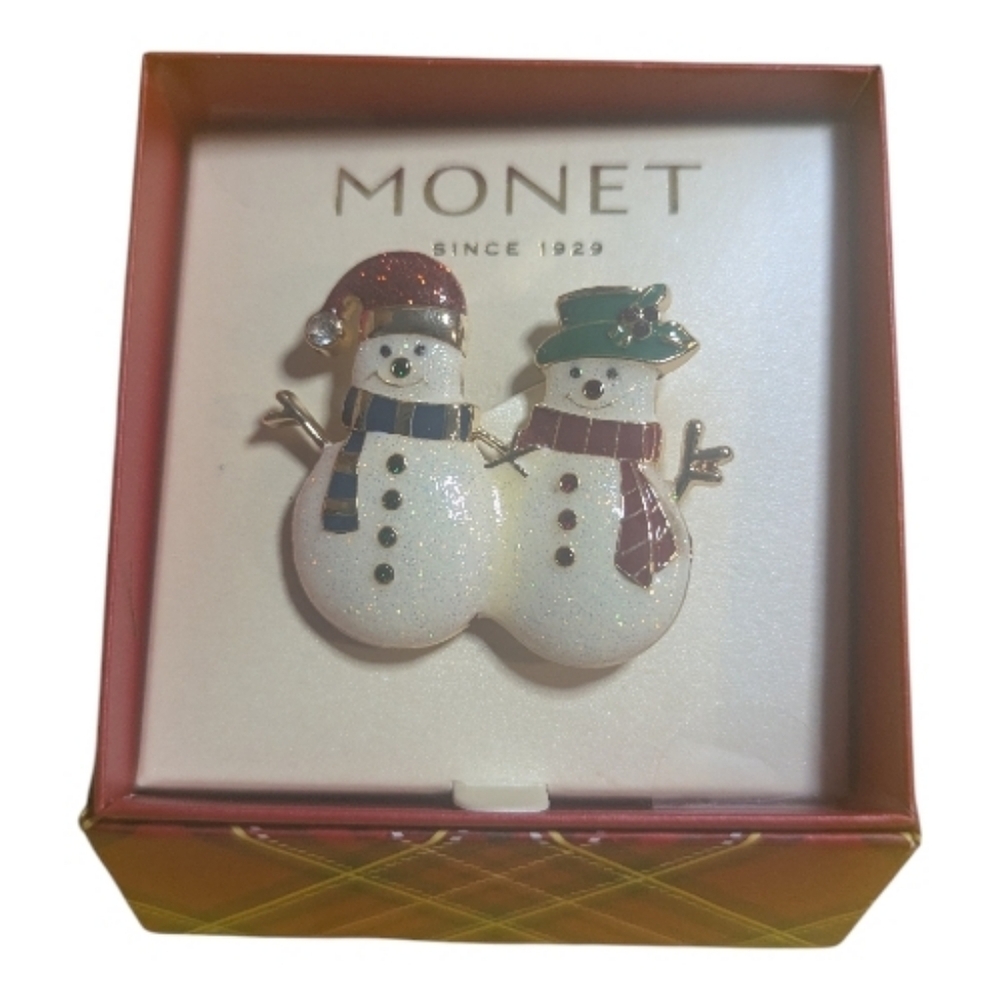 Monet Snowmen Brooch Pin  O/S White Red Green